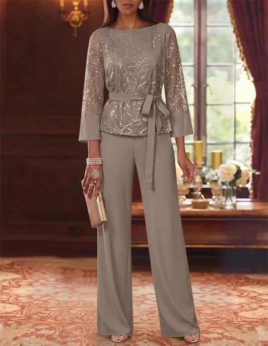 Robe mère de la mariée, Costume-Pantalon, Col Bateau, Mousseline, Manches 3/4, Longueur au Sol, Dentelle Paillettes, avec Ceinture