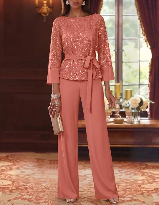 Robe mère de la mariée, Costume-Pantalon, Col Bateau, Mousseline, Manches 3/4, Longueur au Sol, Dentelle Paillettes, avec Ceinture