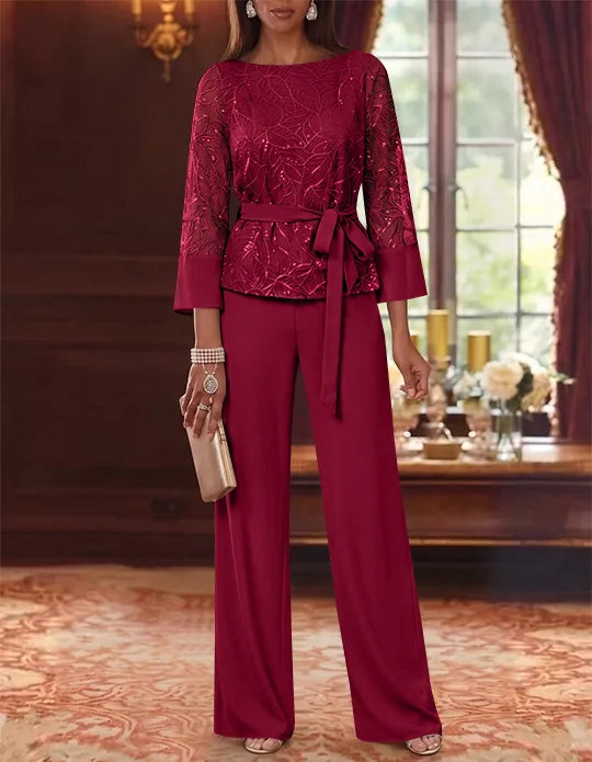 Robe mère de la mariée, Costume-Pantalon, Col Bateau, Mousseline, Manches 3/4, Longueur au Sol, Dentelle Paillettes, avec Ceinture