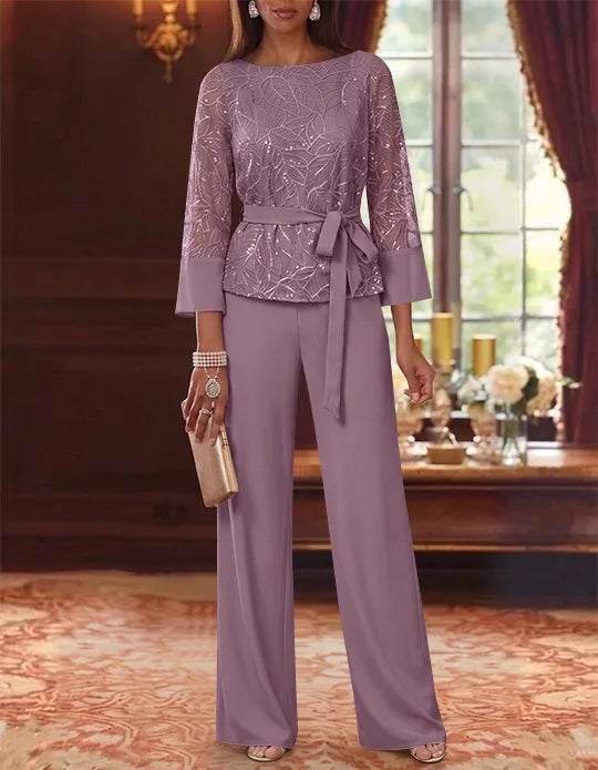 Robe mère de la mariée, Costume-Pantalon, Col Bateau, Mousseline, Manches 3/4, Longueur au Sol, Dentelle Paillettes, avec Ceinture