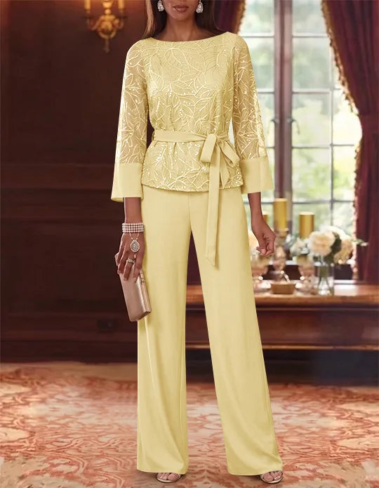 Robe mère de la mariée, Costume-Pantalon, Col Bateau, Mousseline, Manches 3/4, Longueur au Sol, Dentelle Paillettes, avec Ceinture