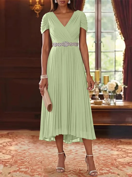 Robe Mère de la Mariée, Ligne A/Princesse, Col en V, Mousseline, Manches Courtes, Longueur du Thé, Plissée, avec Ceinture
