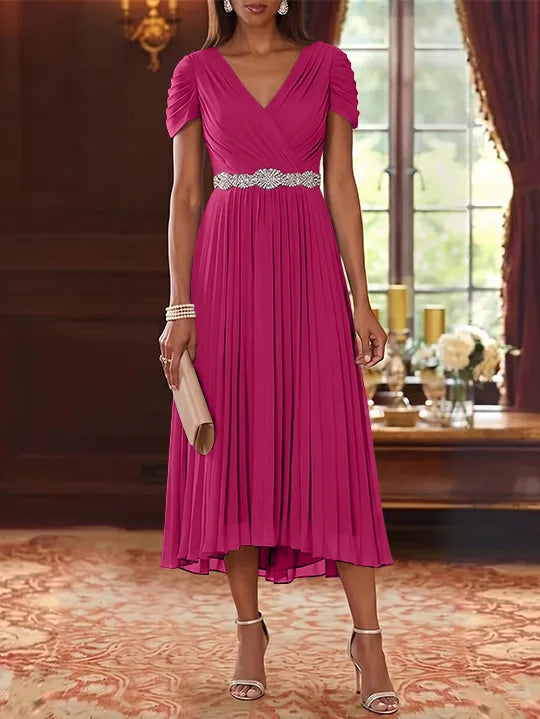 Robe Mère de la Mariée, Ligne A/Princesse, Col en V, Mousseline, Manches Courtes, Longueur du Thé, Plissée, avec Ceinture