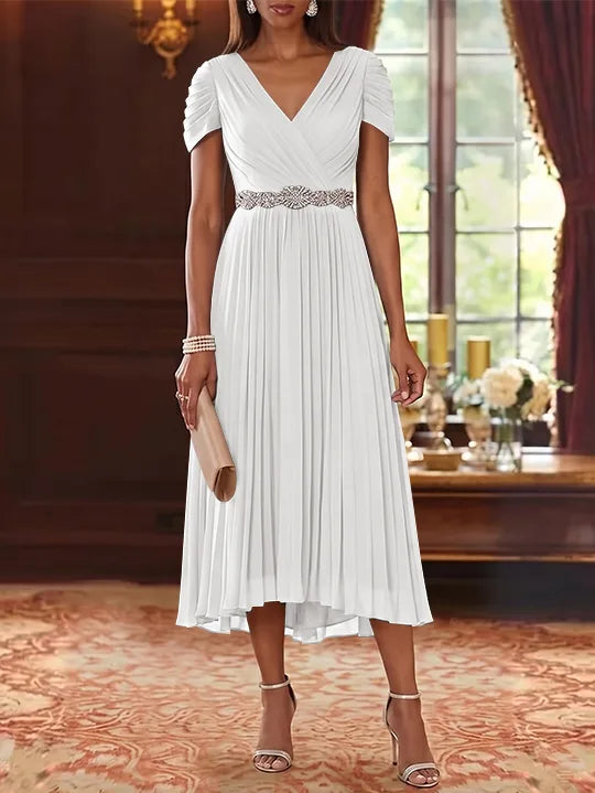 Robe Mère de la Mariée, Ligne A/Princesse, Col en V, Mousseline, Manches Courtes, Longueur du Thé, Plissée, avec Ceinture