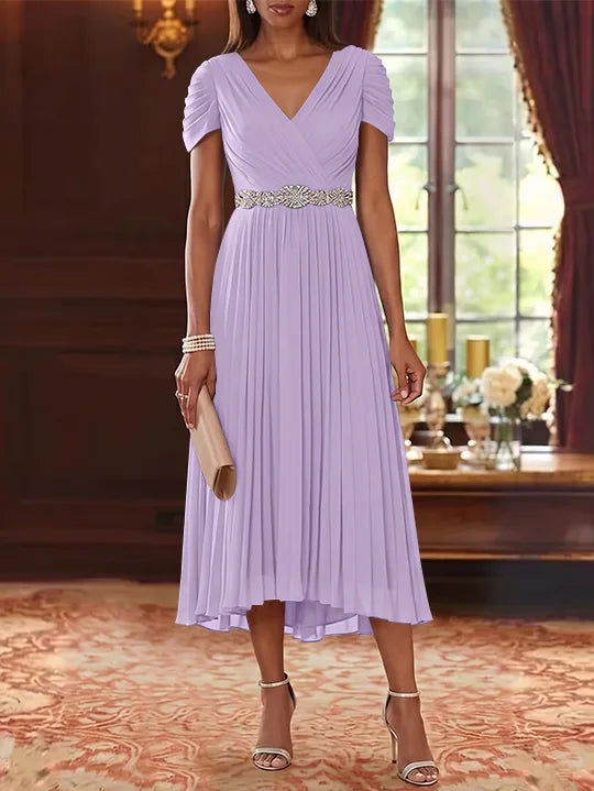 Robe Mère de la Mariée, Ligne A/Princesse, Col en V, Mousseline, Manches Courtes, Longueur du Thé, Plissée, avec Ceinture