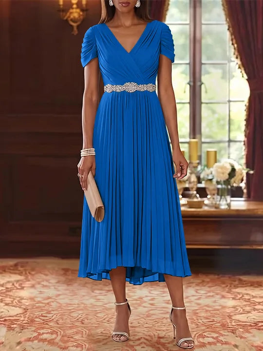 Robe Mère de la Mariée, Ligne A/Princesse, Col en V, Mousseline, Manches Courtes, Longueur du Thé, Plissée, avec Ceinture
