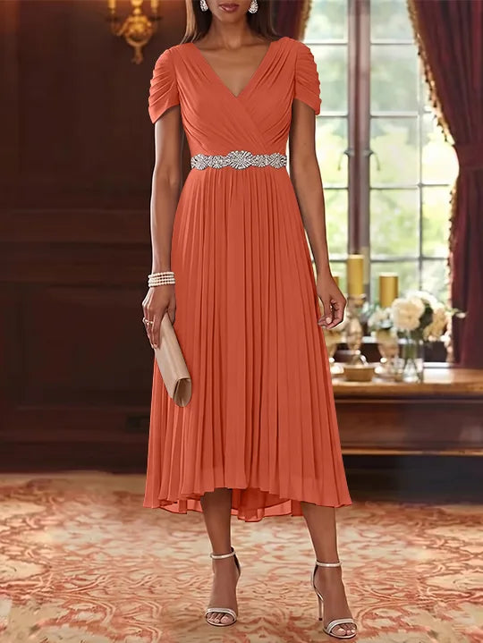 Robe Mère de la Mariée, Ligne A/Princesse, Col en V, Mousseline, Manches Courtes, Longueur du Thé, Plissée, avec Ceinture