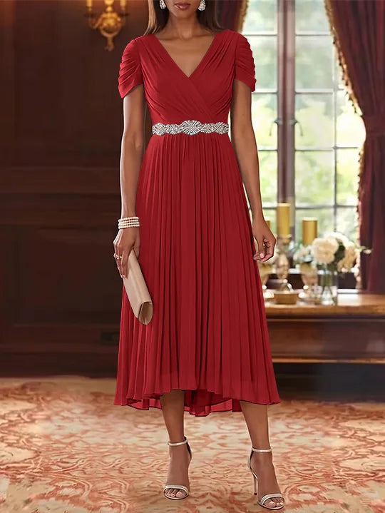 Robe Mère de la Mariée, Ligne A/Princesse, Col en V, Mousseline, Manches Courtes, Longueur du Thé, Plissée, avec Ceinture