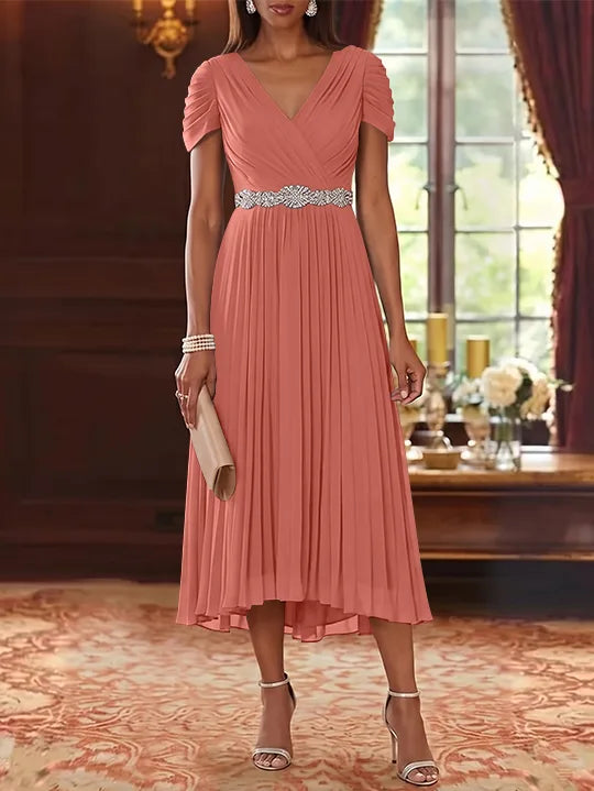 Robe Mère de la Mariée, Ligne A/Princesse, Col en V, Mousseline, Manches Courtes, Longueur du Thé, Plissée, avec Ceinture