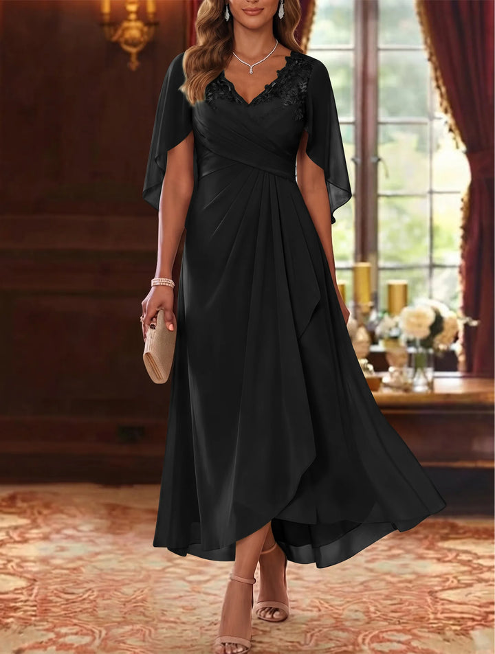 Robe Mère de la Mariée, Ligne A/Princesse, Mousseline, Col en V, Manches Cape, Longueur du Thé, Froncée