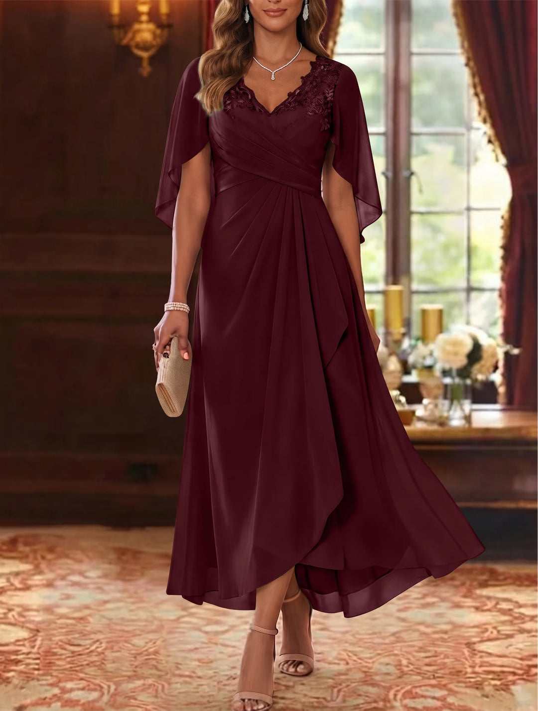Robe Mère de la Mariée, Ligne A/Princesse, Mousseline, Col en V, Manches Cape, Longueur du Thé, Froncée