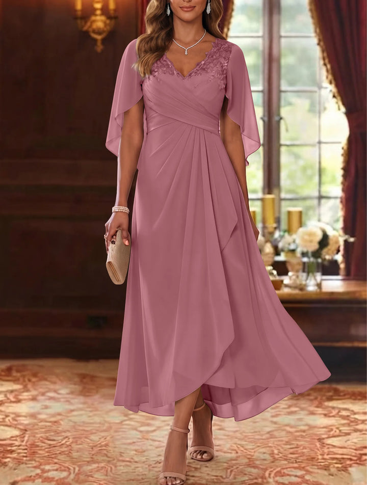 Robe Mère de la Mariée, Ligne A/Princesse, Mousseline, Col en V, Manches Cape, Longueur du Thé, Froncée