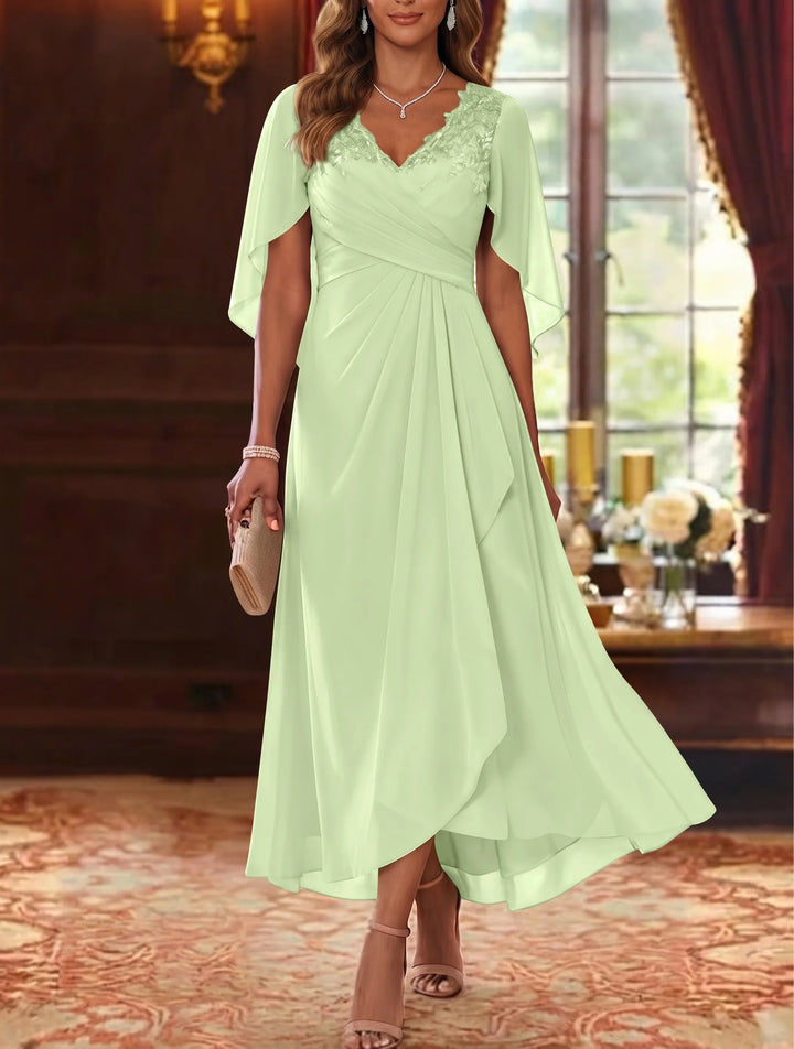 Robe Mère de la Mariée, Ligne A/Princesse, Mousseline, Col en V, Manches Cape, Longueur du Thé, Froncée