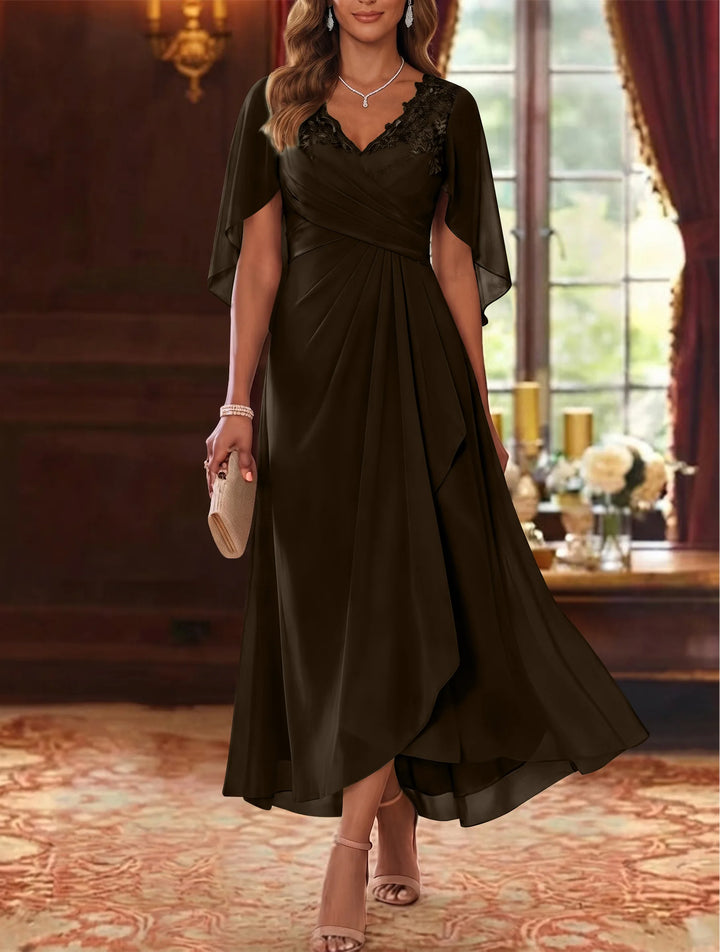 Robe Mère de la Mariée, Ligne A/Princesse, Mousseline, Col en V, Manches Cape, Longueur du Thé, Froncée