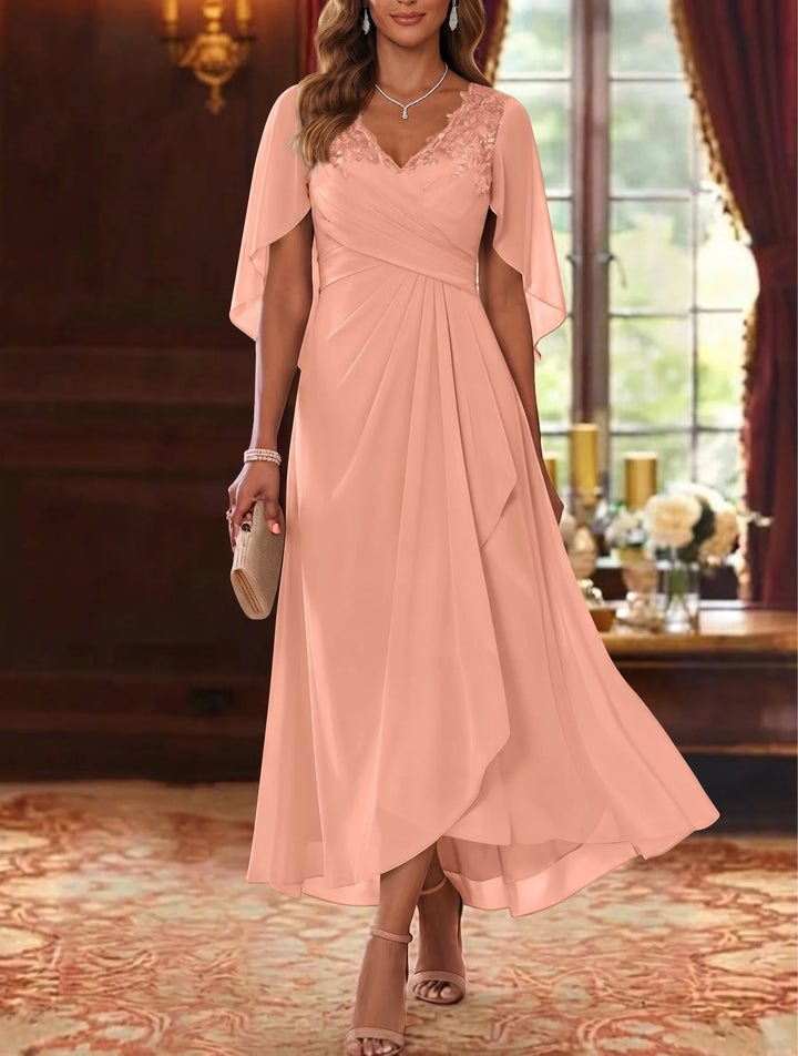 Robe Mère de la Mariée, Ligne A/Princesse, Mousseline, Col en V, Manches Cape, Longueur du Thé, Froncée