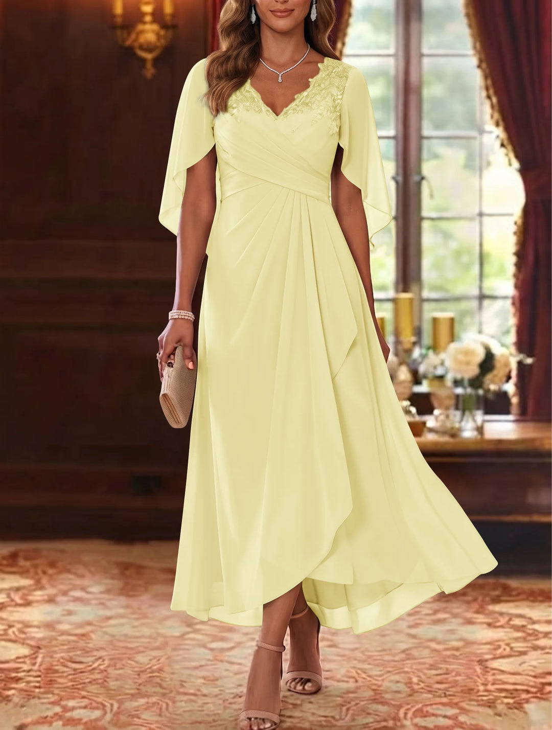 Robe Mère de la Mariée, Ligne A/Princesse, Mousseline, Col en V, Manches Cape, Longueur du Thé, Froncée