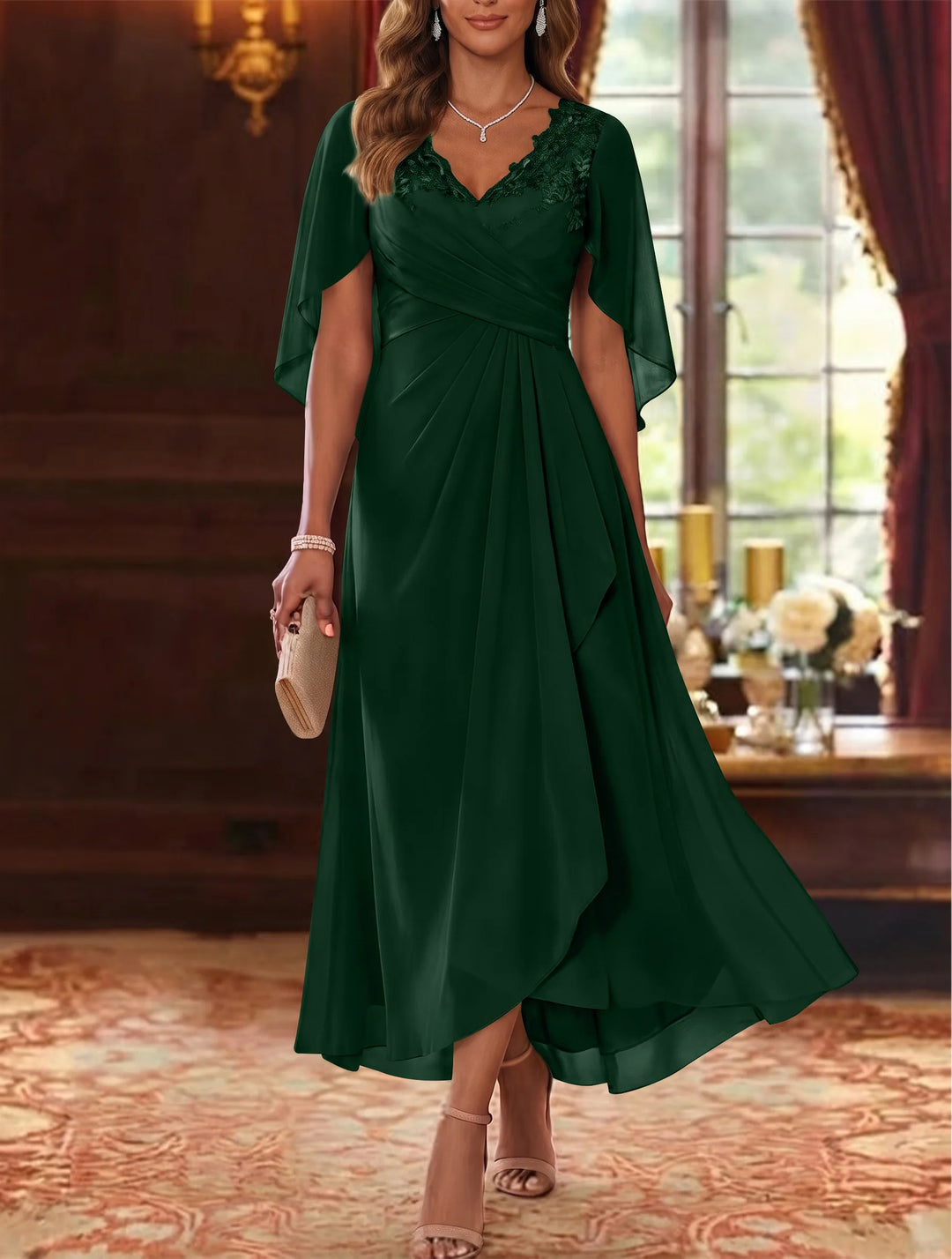 Robe Mère de la Mariée, Ligne A/Princesse, Mousseline, Col en V, Manches Cape, Longueur du Thé, Froncée