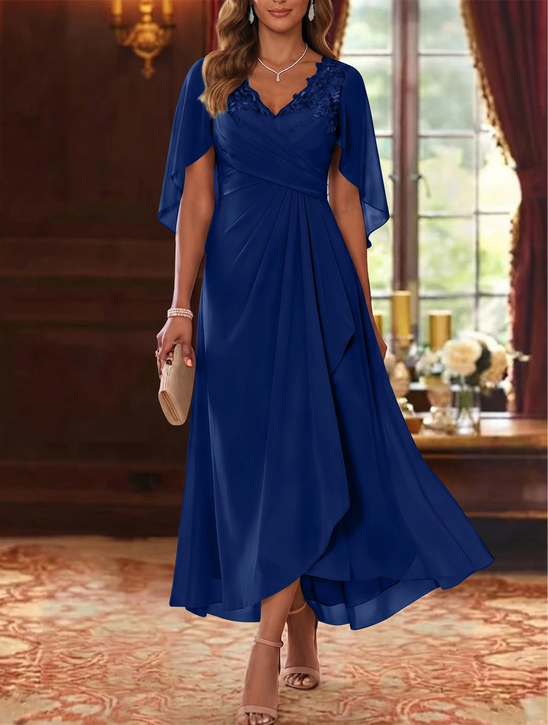 Robe Mère de la Mariée, Ligne A/Princesse, Mousseline, Col en V, Manches Cape, Longueur du Thé, Froncée