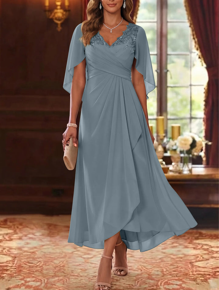Robe Mère de la Mariée, Ligne A/Princesse, Mousseline, Col en V, Manches Cape, Longueur du Thé, Froncée