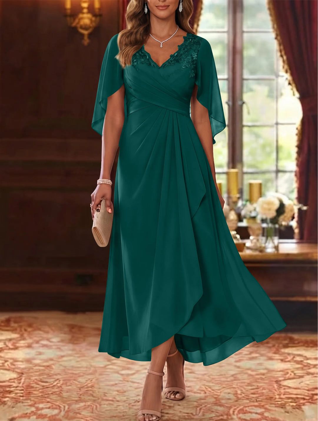 Robe Mère de la Mariée, Ligne A/Princesse, Mousseline, Col en V, Manches Cape, Longueur du Thé, Froncée
