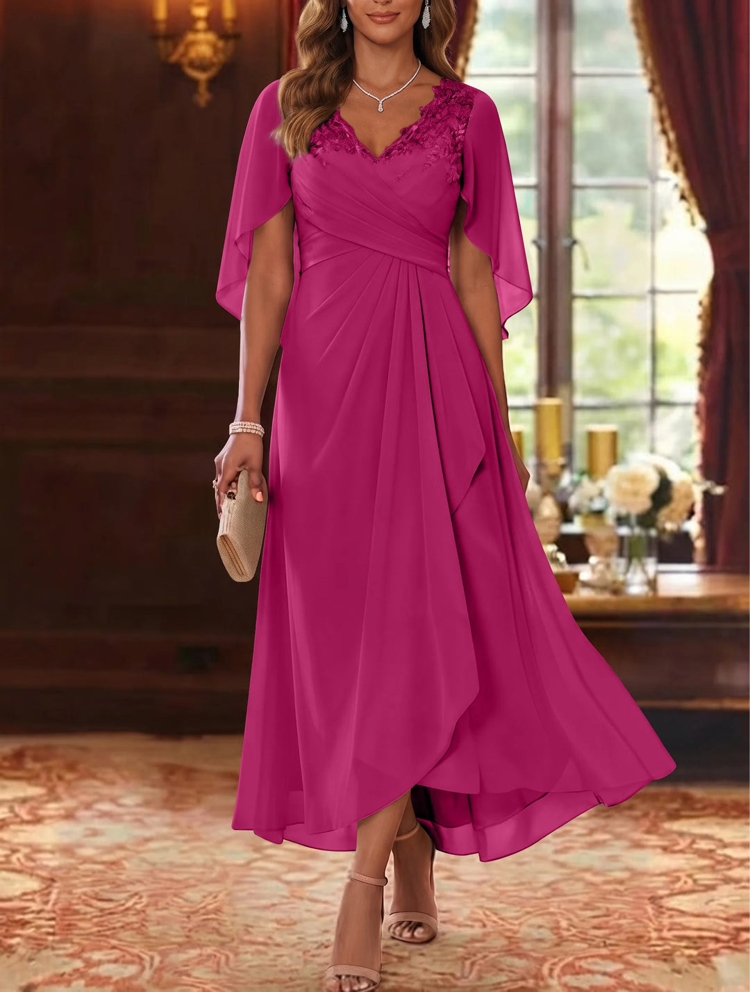 Robe Mère de la Mariée, Ligne A/Princesse, Mousseline, Col en V, Manches Cape, Longueur du Thé, Froncée