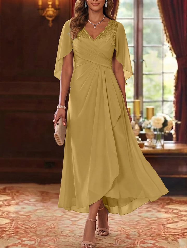 Robe Mère de la Mariée, Ligne A/Princesse, Mousseline, Col en V, Manches Cape, Longueur du Thé, Froncée