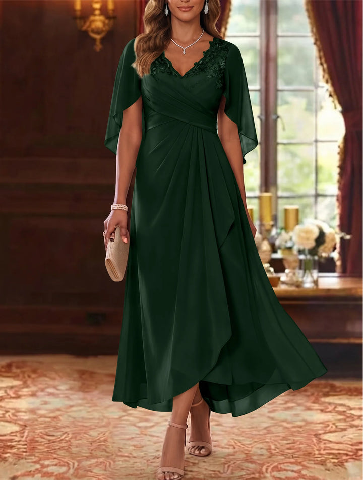 Robe Mère de la Mariée, Ligne A/Princesse, Mousseline, Col en V, Manches Cape, Longueur du Thé, Froncée