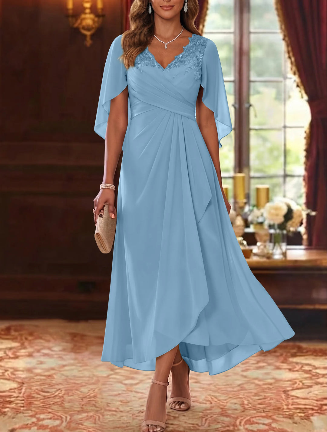 Robe Mère de la Mariée, Ligne A/Princesse, Mousseline, Col en V, Manches Cape, Longueur du Thé, Froncée
