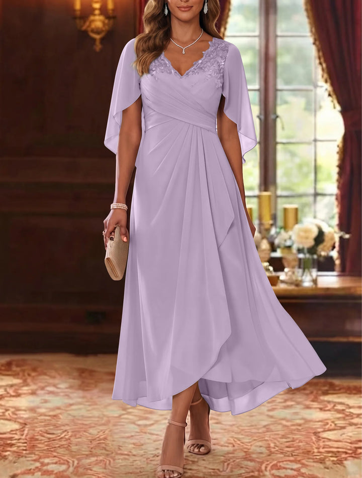 Robe Mère de la Mariée, Ligne A/Princesse, Mousseline, Col en V, Manches Cape, Longueur du Thé, Froncée