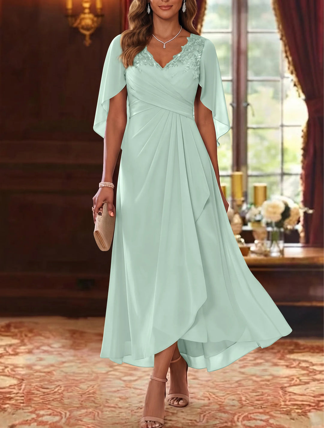 Robe Mère de la Mariée, Ligne A/Princesse, Mousseline, Col en V, Manches Cape, Longueur du Thé, Froncée