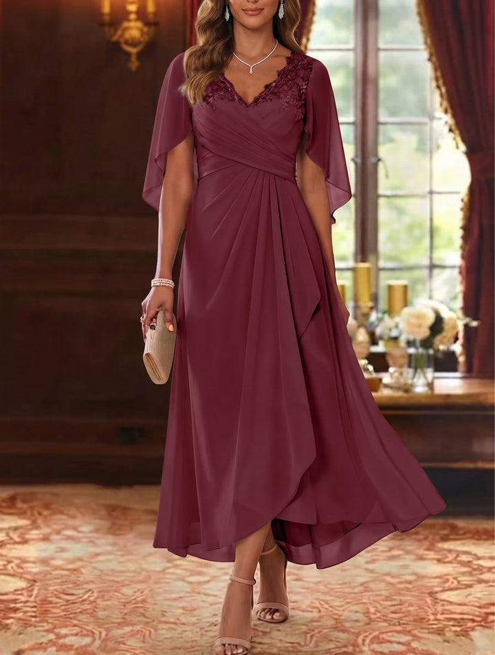 Robe Mère de la Mariée, Ligne A/Princesse, Mousseline, Col en V, Manches Cape, Longueur du Thé, Froncée
