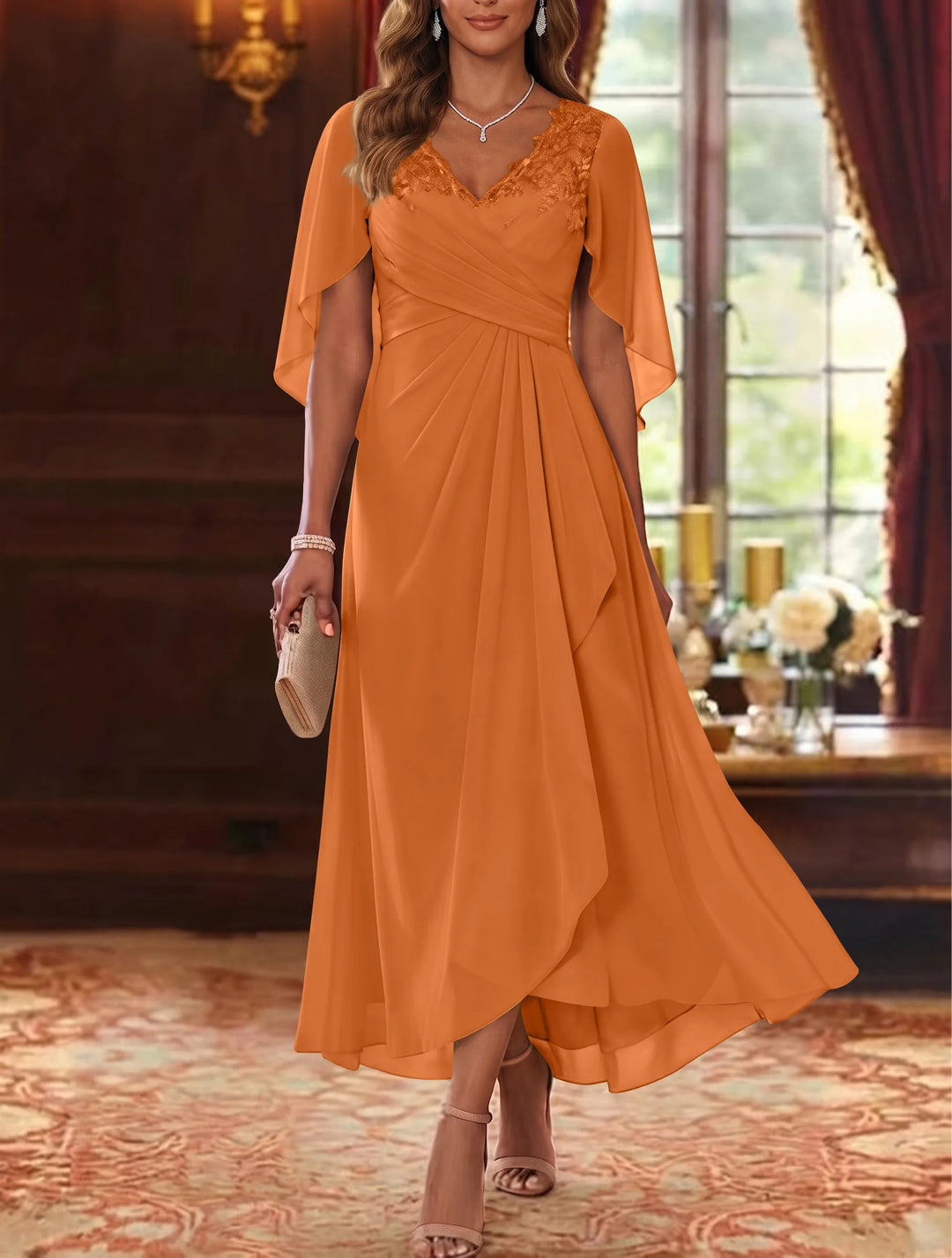 Robe Mère de la Mariée, Ligne A/Princesse, Mousseline, Col en V, Manches Cape, Longueur du Thé, Froncée