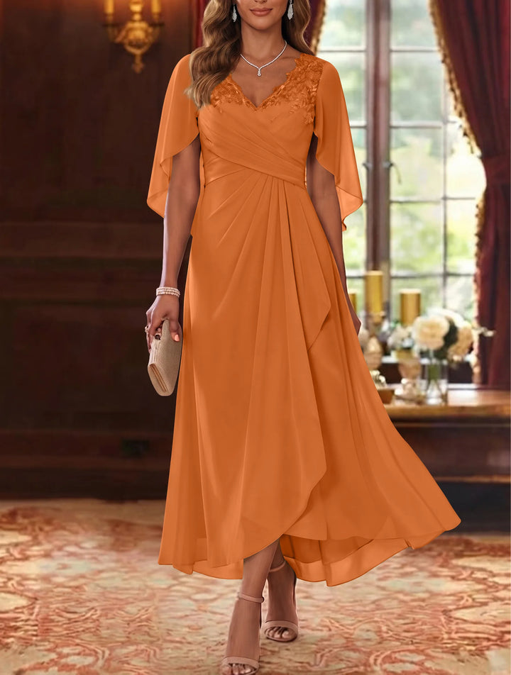 Robe Mère de la Mariée, Ligne A/Princesse, Mousseline, Col en V, Manches Cape, Longueur du Thé, Froncée