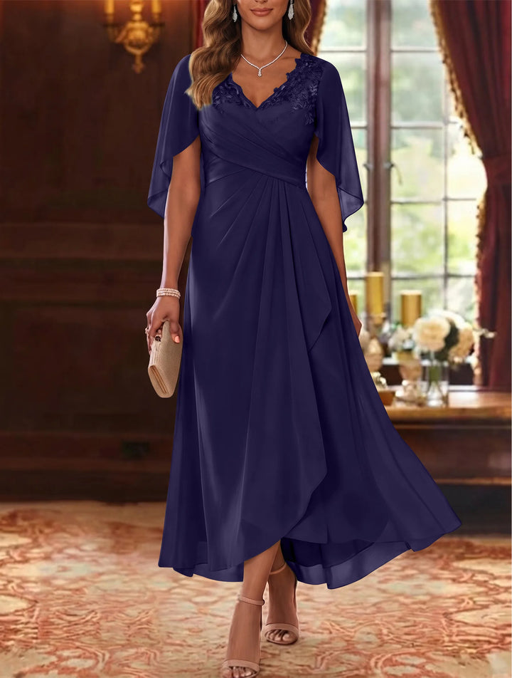 Robe Mère de la Mariée, Ligne A/Princesse, Mousseline, Col en V, Manches Cape, Longueur du Thé, Froncée