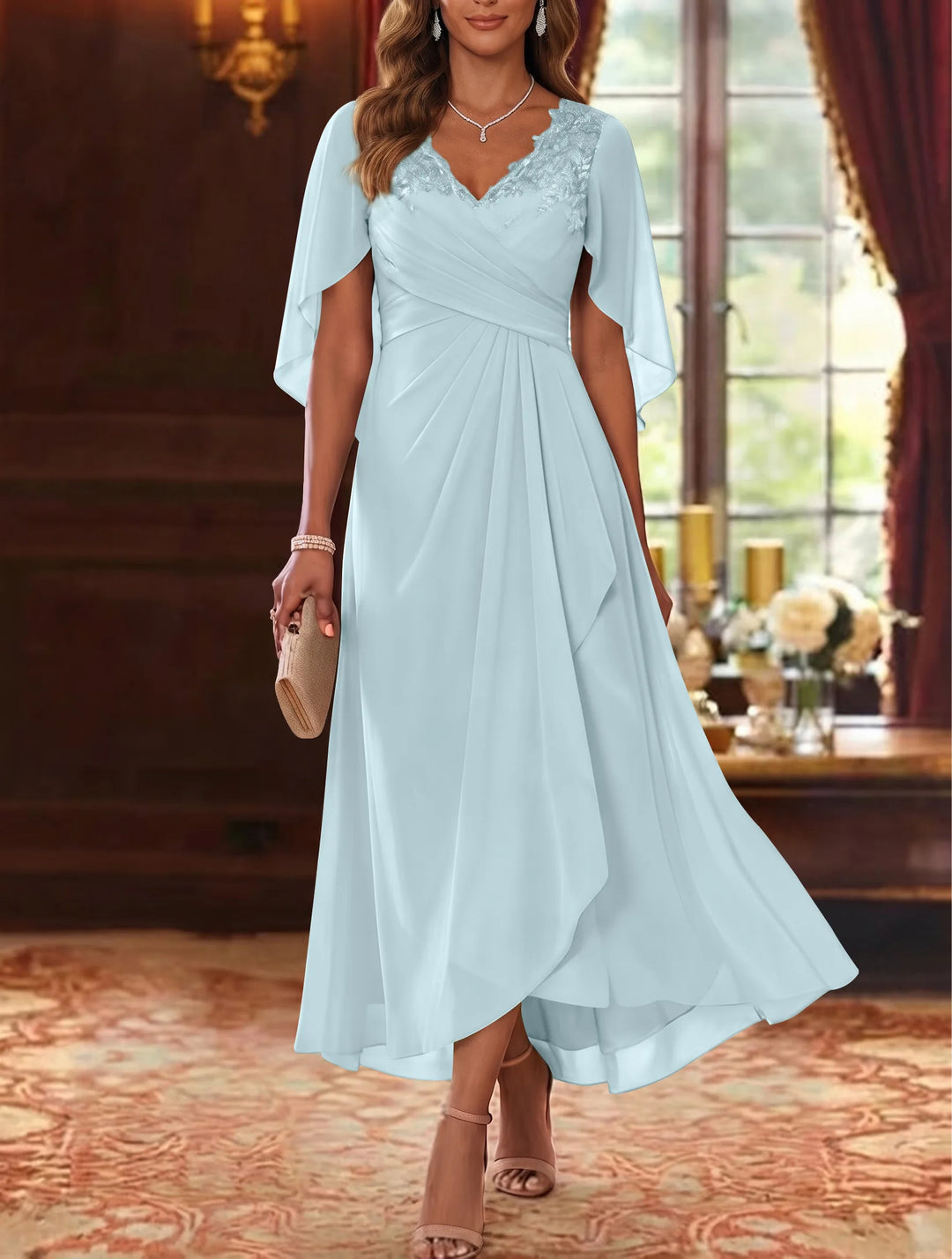 Robe Mère de la Mariée, Ligne A/Princesse, Mousseline, Col en V, Manches Cape, Longueur du Thé, Froncée