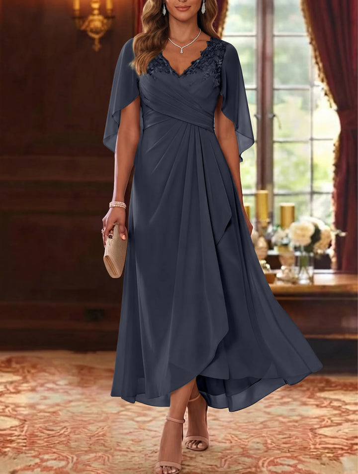 Robe Mère de la Mariée, Ligne A/Princesse, Mousseline, Col en V, Manches Cape, Longueur du Thé, Froncée