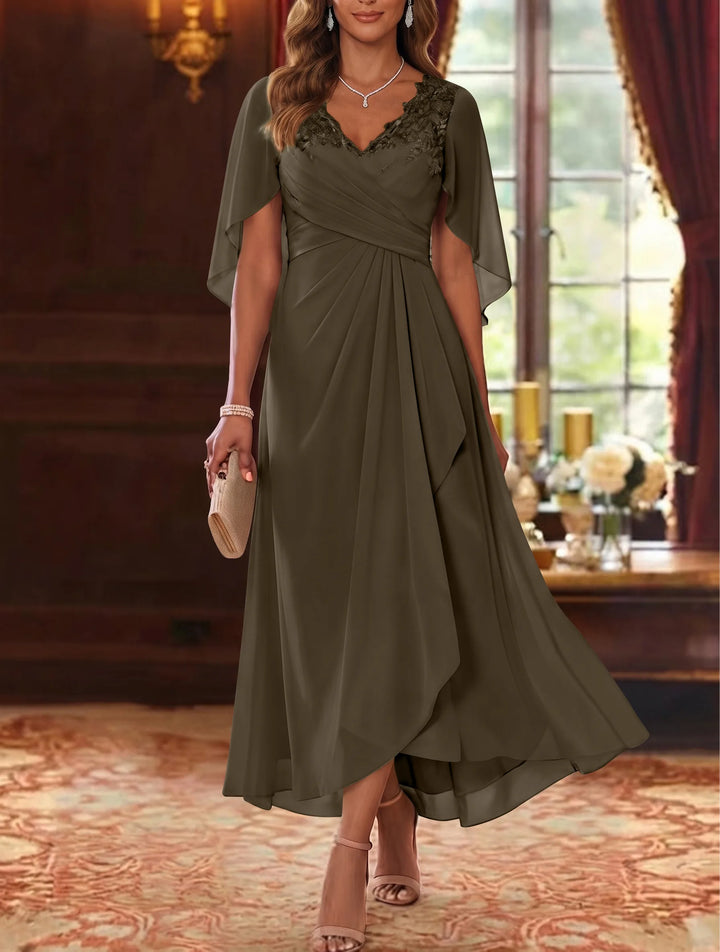 Robe Mère de la Mariée, Ligne A/Princesse, Mousseline, Col en V, Manches Cape, Longueur du Thé, Froncée