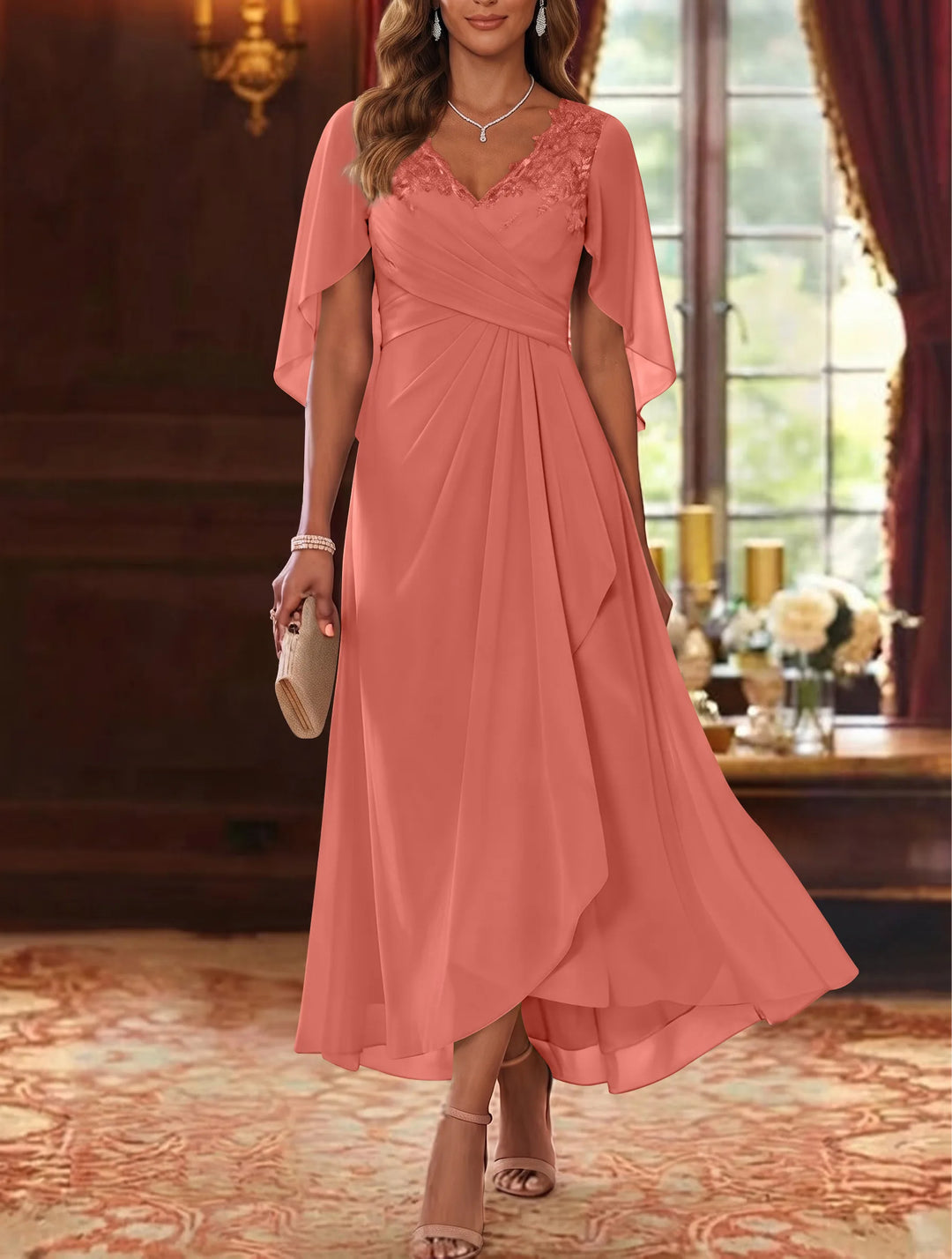 Robe Mère de la Mariée, Ligne A/Princesse, Mousseline, Col en V, Manches Cape, Longueur du Thé, Froncée
