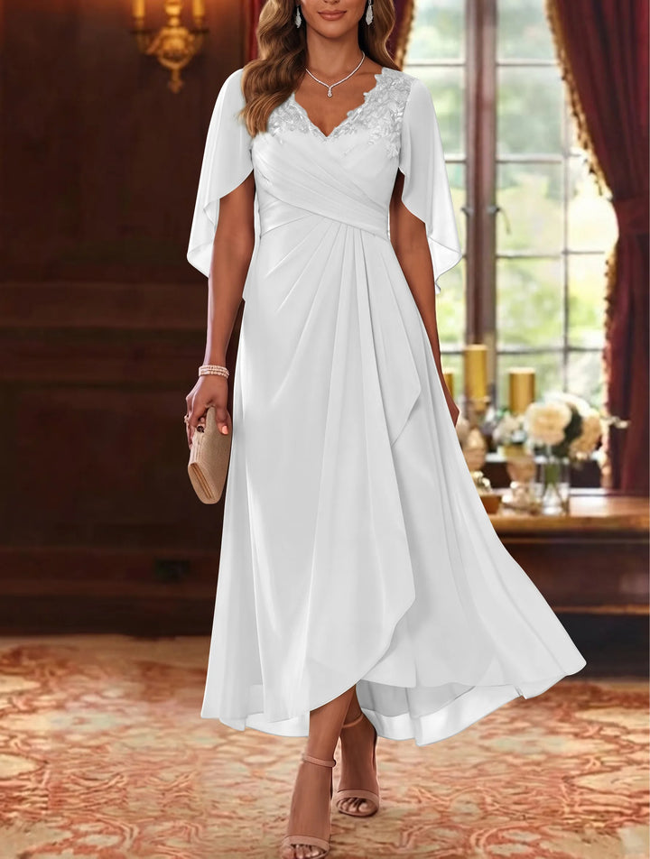 Robe Mère de la Mariée, Ligne A/Princesse, Mousseline, Col en V, Manches Cape, Longueur du Thé, Froncée