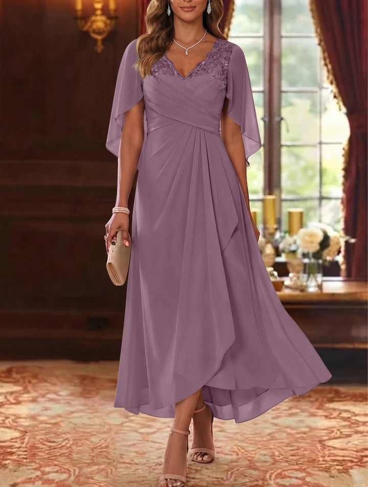 Robe Mère de la Mariée, Ligne A/Princesse, Mousseline, Col en V, Manches Cape, Longueur du Thé, Froncée