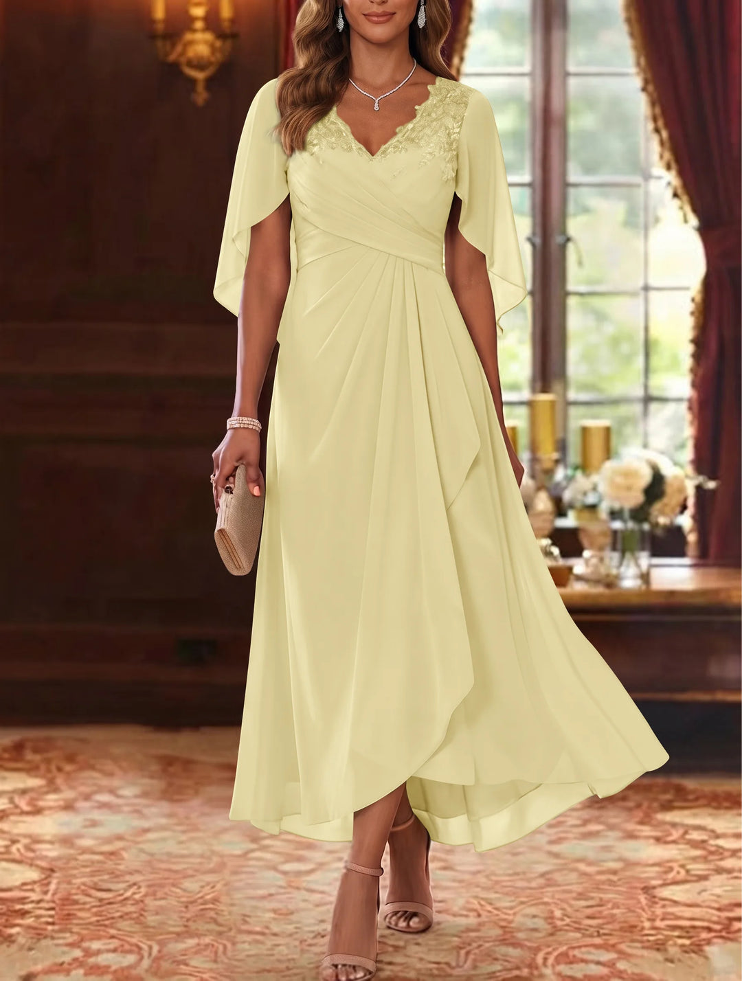 Robe Mère de la Mariée, Ligne A/Princesse, Mousseline, Col en V, Manches Cape, Longueur du Thé, Froncée
