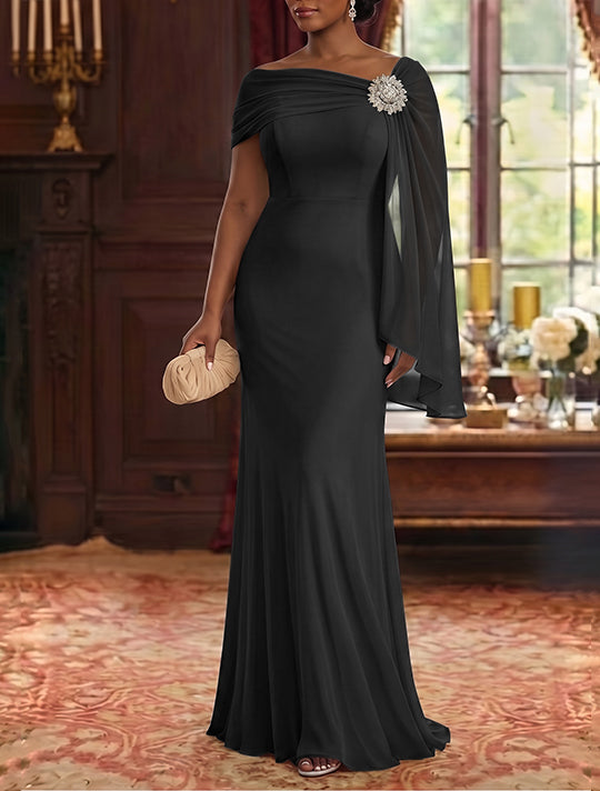 Robe Mère de la Mariée, Gaine/Colonne, Mousseline, Col Asymétrique, Manches Cape, Longueur au Sol, Froncée