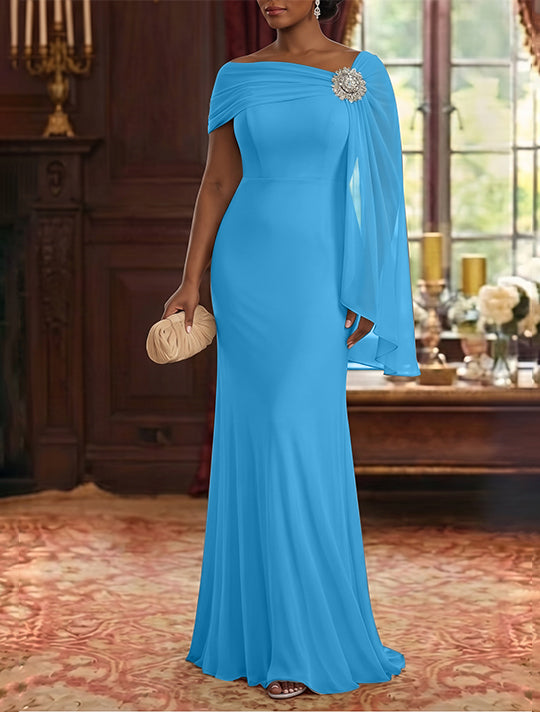 Robe Mère de la Mariée, Gaine/Colonne, Mousseline, Col Asymétrique, Manches Cape, Longueur au Sol, Froncée
