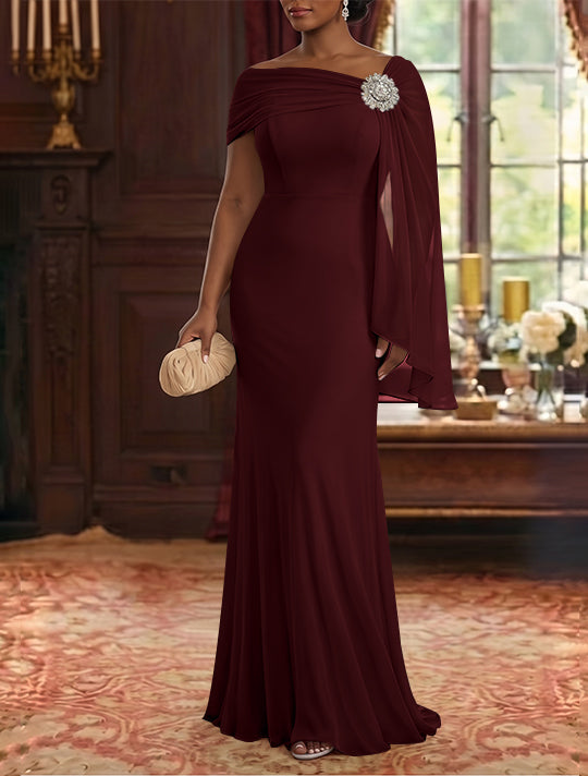 Robe Mère de la Mariée, Gaine/Colonne, Mousseline, Col Asymétrique, Manches Cape, Longueur au Sol, Froncée