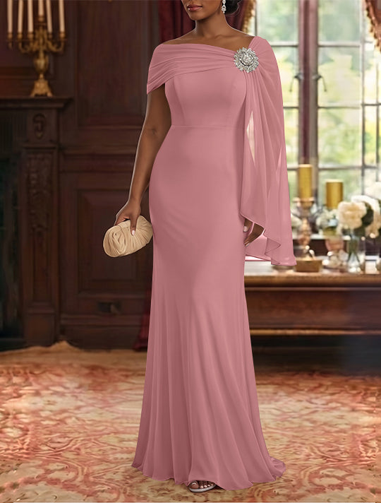 Robe Mère de la Mariée, Gaine/Colonne, Mousseline, Col Asymétrique, Manches Cape, Longueur au Sol, Froncée