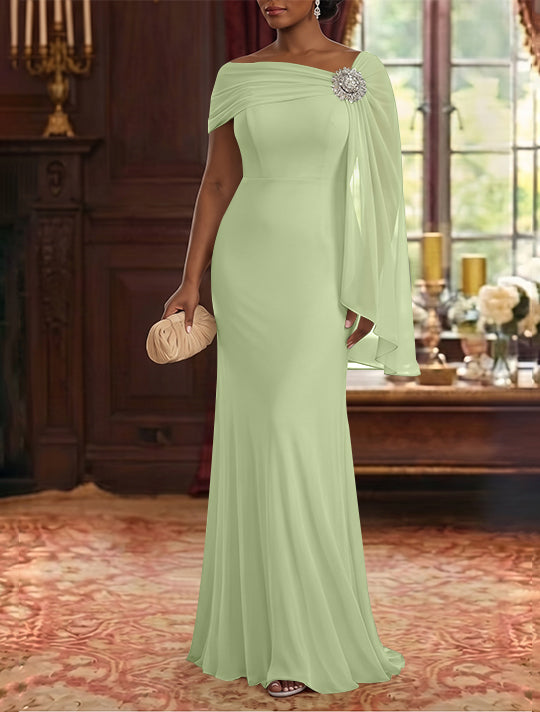 Robe Mère de la Mariée, Gaine/Colonne, Mousseline, Col Asymétrique, Manches Cape, Longueur au Sol, Froncée