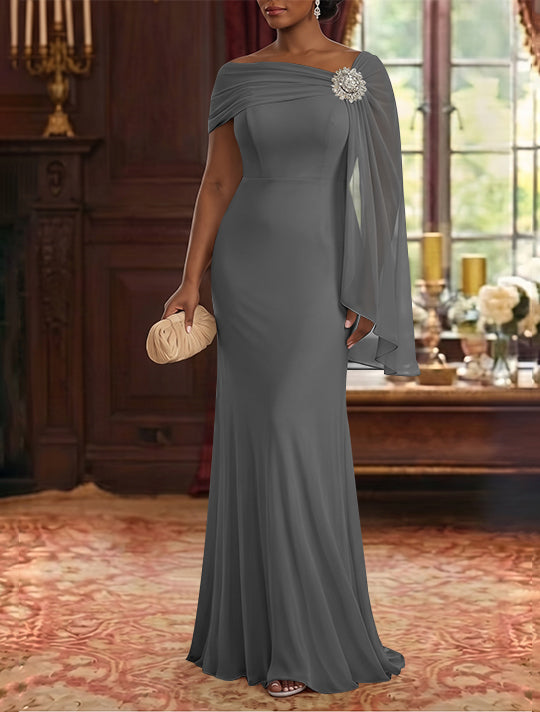 Robe Mère de la Mariée, Gaine/Colonne, Mousseline, Col Asymétrique, Manches Cape, Longueur au Sol, Froncée