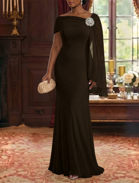 Robe Mère de la Mariée, Gaine/Colonne, Mousseline, Col Asymétrique, Manches Cape, Longueur au Sol, Froncée