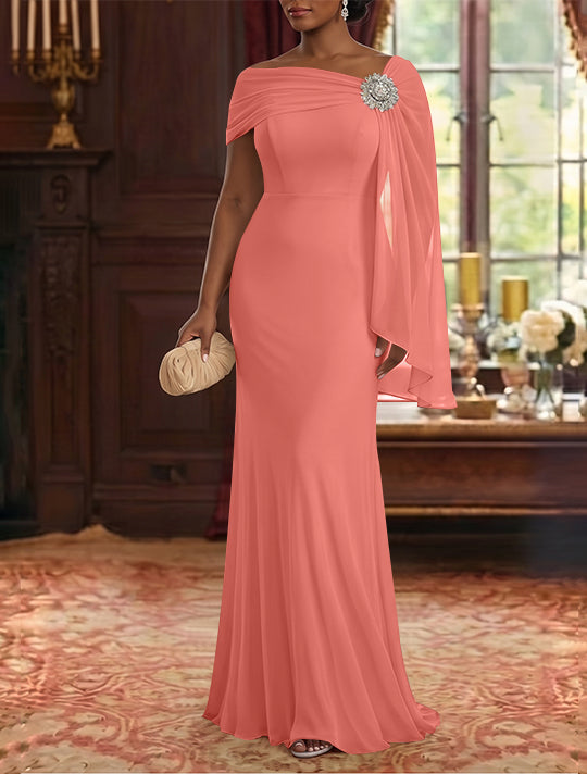 Robe Mère de la Mariée, Gaine/Colonne, Mousseline, Col Asymétrique, Manches Cape, Longueur au Sol, Froncée