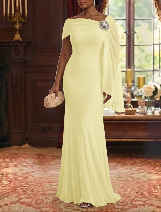 Robe Mère de la Mariée, Gaine/Colonne, Mousseline, Col Asymétrique, Manches Cape, Longueur au Sol, Froncée